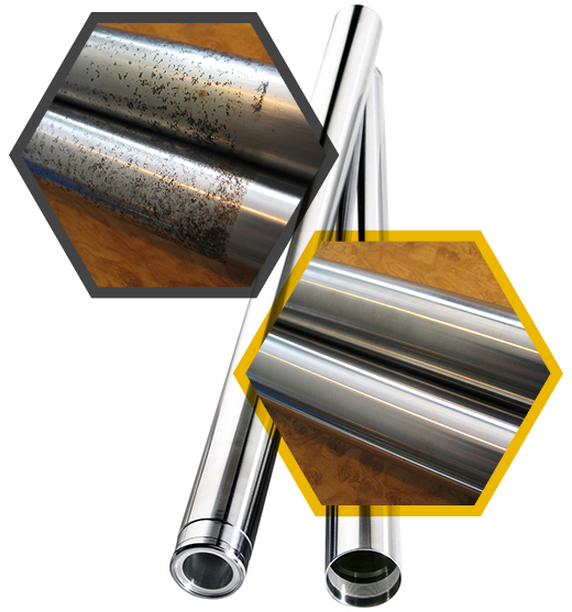 Comparaison avant/après réparation des tubes de fourche par rectification et chromage dur.